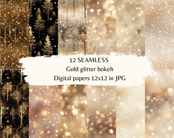 12 Seamless Gold glitter bokeh Christmas digital papers | Christmas download | Commercial Use | Christmas background