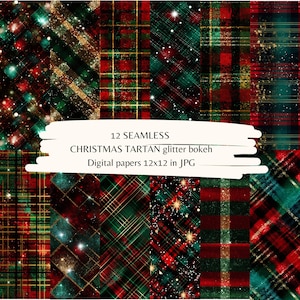 12 papéis digitais com glitter xadrez de Natal sem emendas | Download de Natal | Uso comercial | Fundo de Natal