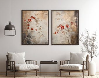 Set of 2 Japandi wall art | Japandi art | Wabi Sabi wall art | Japandi wall decor  | Japandi print Rustic flowers | Wabi sabi wall decor