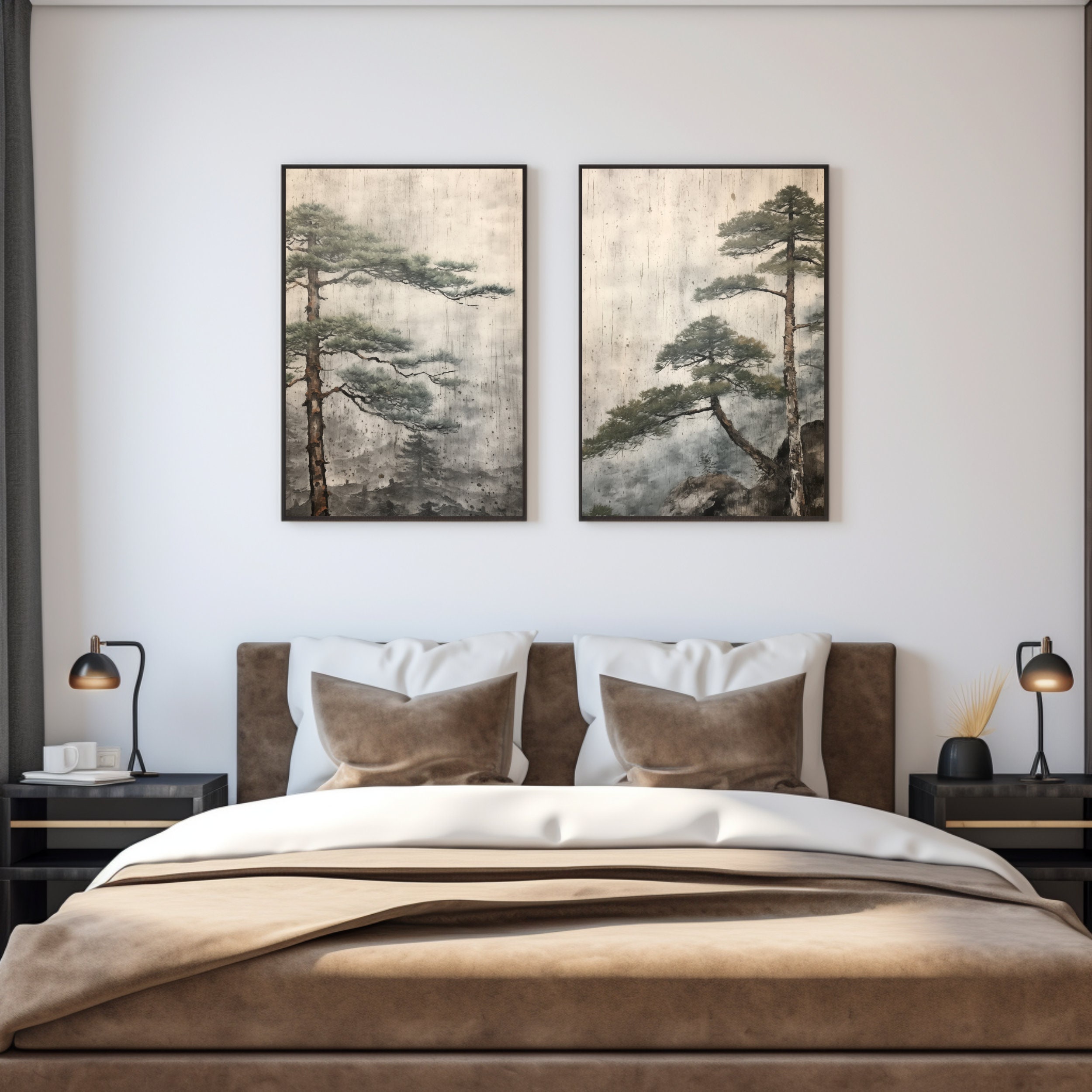 Japandi Pine Tree Art Print Set: Wabi Sabi Wall Decor (digital Download ...