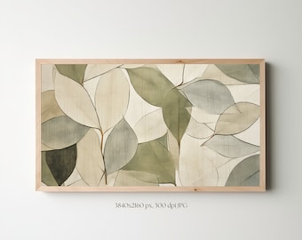 May include: A framed abstract art print featuring a watercolor-style design of overlapping green and beige leaves. The leaves are translucent and create a layered effect.