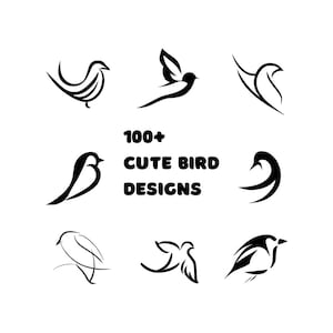 May include: A collection of 100+ cute bird designs in black and white. The designs are simple and stylized, with a variety of poses and shapes.