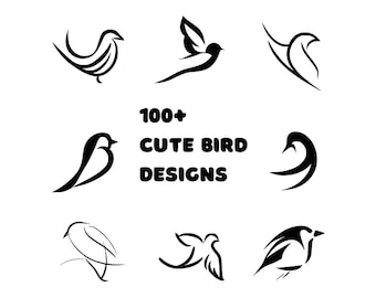 May include: A collection of 100+ cute bird designs in black and white. The designs are simple and stylized, with a variety of poses and shapes.