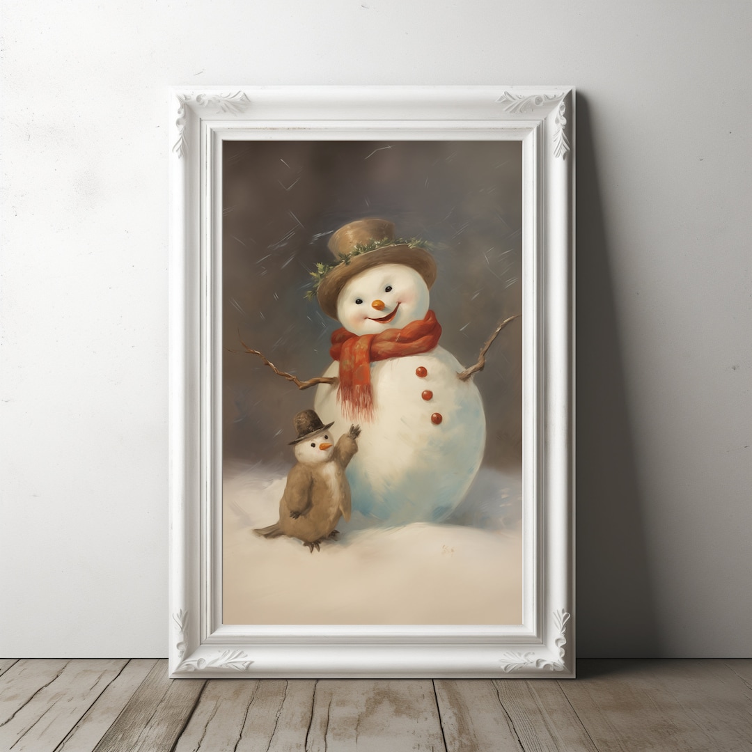 Vintage Painting Happy Snowman Wall Art Christmas Instant Etsy