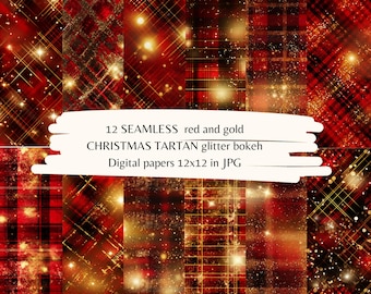 Könnte beinhalten: Zwölf nahtlose digitale Papiermuster mit rotem und goldenem Karomuster mit Glitzer- und Bokeh-Effekten. Die Muster sind 12x12 Zoll groß und perfekt für Weihnachtsbastelarbeiten.