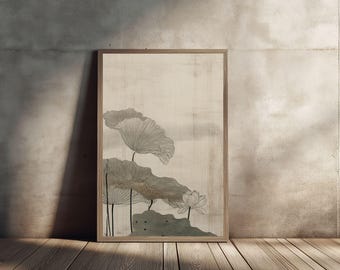 May include: A framed vertical wall art print featuring a line-art illustration of lotus flowers and large lily pads in muted shades of beige, grey, and soft green. The artwork is set against a neutral, textured background with thin, delicate lines.