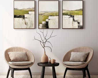 Set of 3 Japandi Minimalist geometric rustic landscape | Japandi art | Wabi Sabi wall art | Minimalist green wall art  | Japandi print