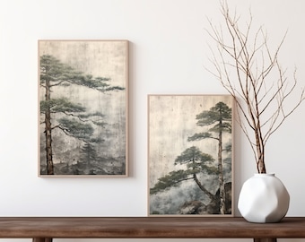 Japandi Pine Tree Art Print Set: Wabi Sabi Wall Decor (Digital Download)