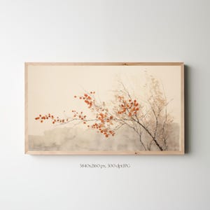 Könnte beinhalten: Ein Aquarellbild eines Zweigs mit roten Blättern vor einem hellbeigen Hintergrund. Der Zweig befindet sich im Vordergrund und der Hintergrund ist verschwommen.