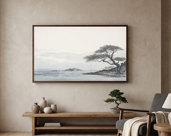Samsung Frame TV-konst: Japandi Dimmigt blått landskap (digital nedladdning)