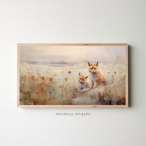 Puede incluir: Una pintura de dos zorros rojos sentados en un campo de hierba alta. Los zorros miran al espectador. El fondo es un paisaje suave y borroso con un río en la distancia.