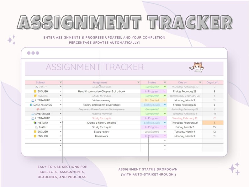 Assignment Tracker Google Sheets Template, Aesthetic Student Planner ...