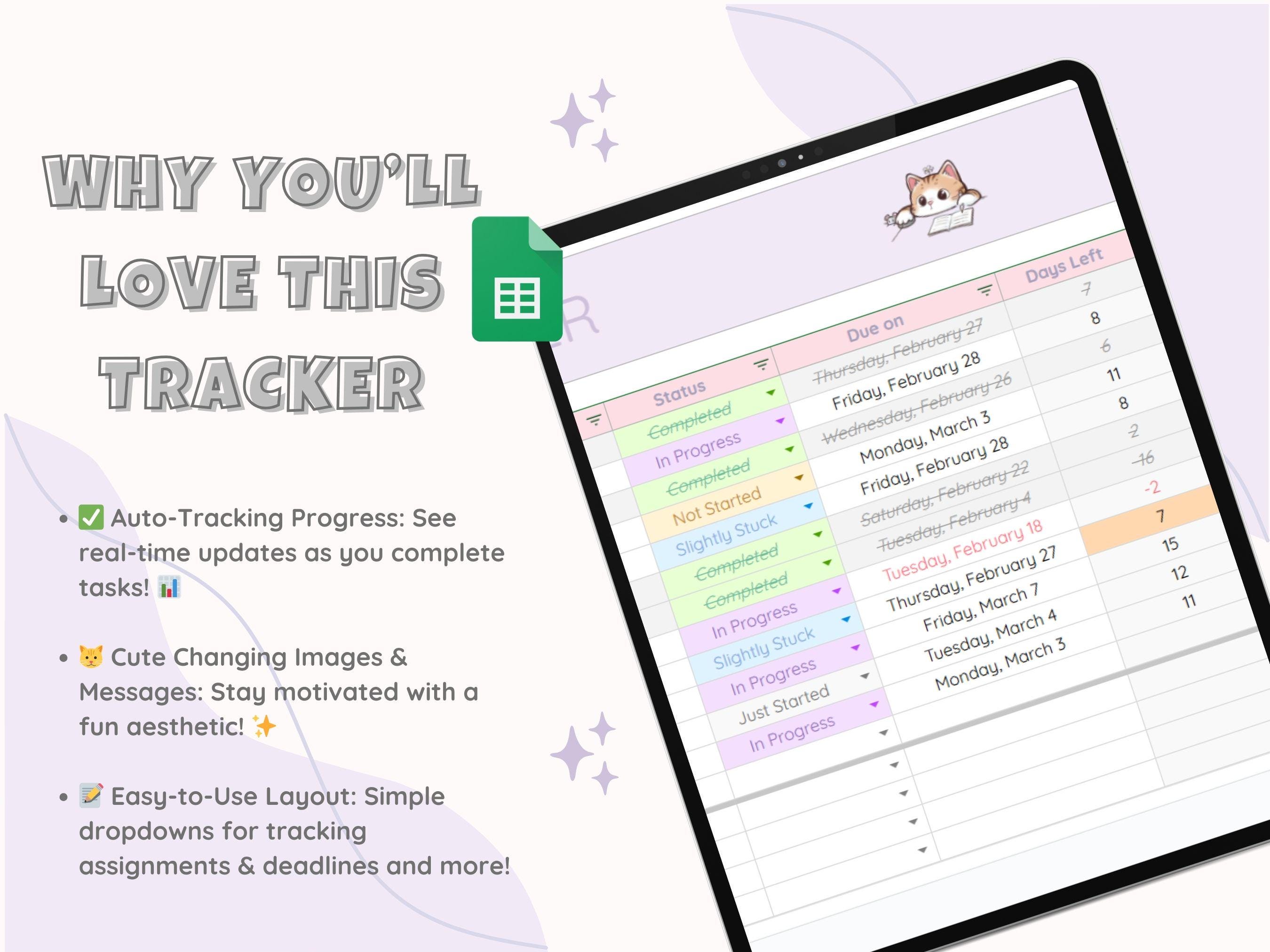 Assignment Tracker Google Sheets Template, Aesthetic Student Planner ...