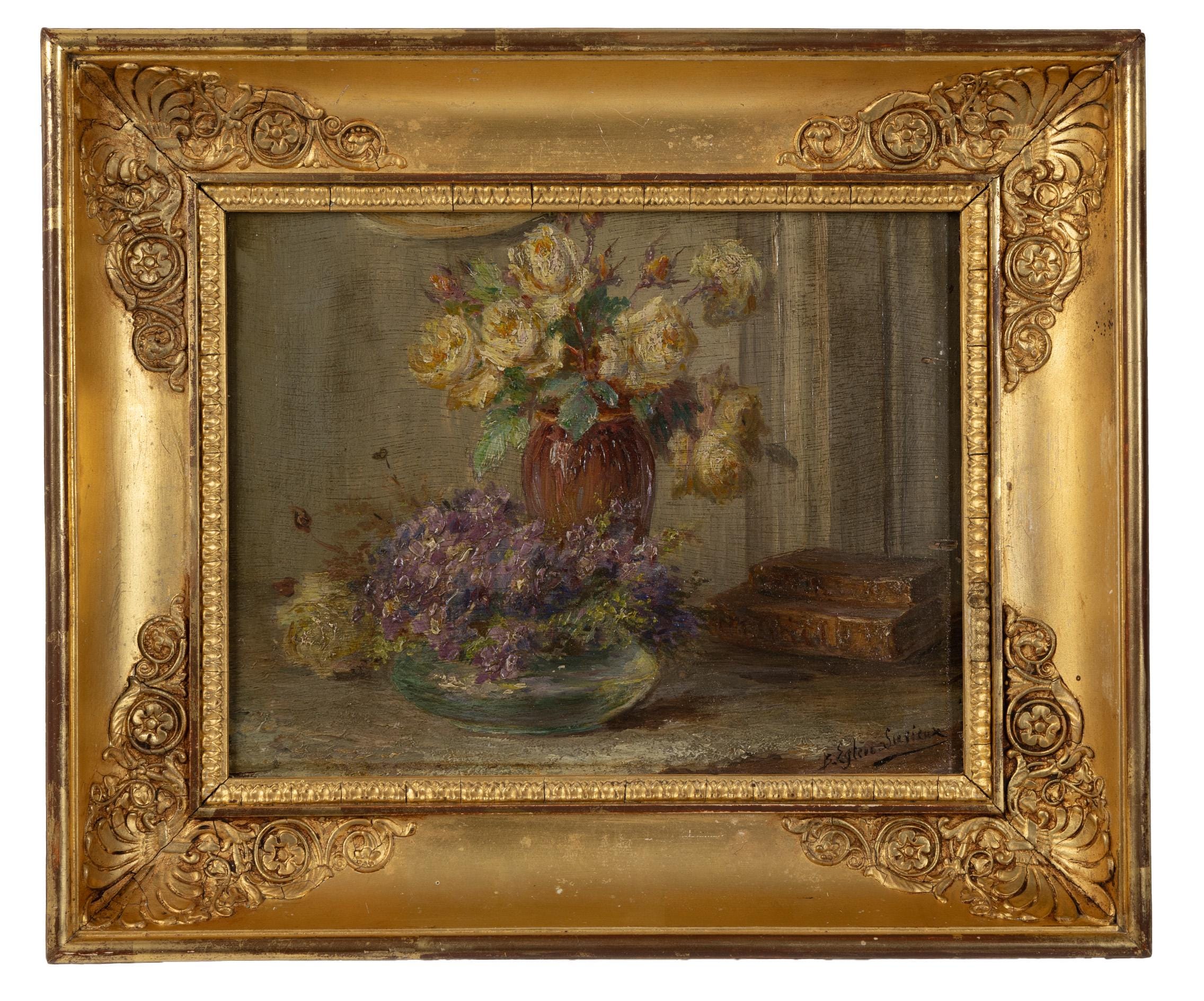 Antique Floral Still Life Original Oil Painting on Oak Panel 19th ...