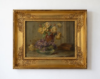 Antique Floral Still Life Original Oil Painting on Oak Panel 19th century, Ornate Gold Gilt Frame, Roses Violets and Books, Vintage Fine Art