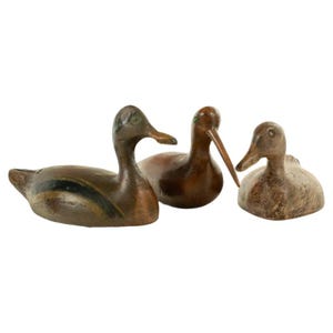 Original Antique Trio of two Ducks and a Curlew - ancient wood carved and painted decoys