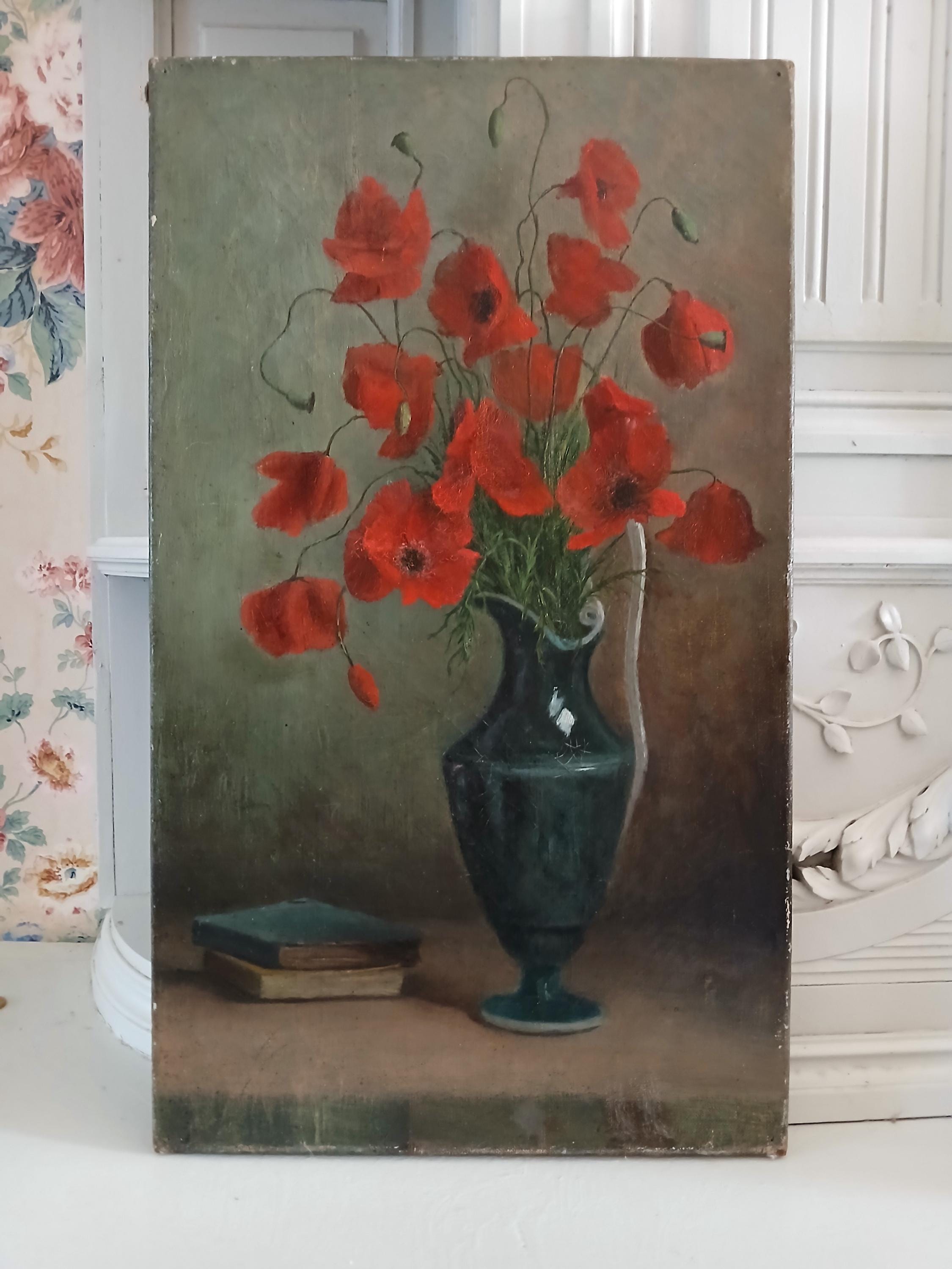 1900s フランス　油絵　　ポピー　静物画 ヴィンテージ オリジナル油彩キャンバス静物画、19世紀フランス作