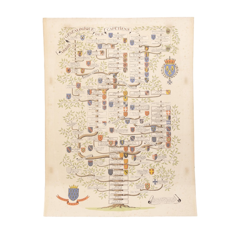 Text Tree Chart Vintage French Capetian Royal Family Tree Print by Pierre Derveaux ...