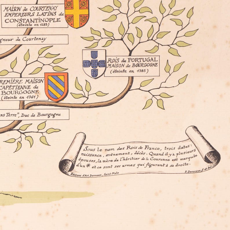 Text Tree Chart Vintage French Capetian Royal Family Tree Print by Pierre Derveaux ...