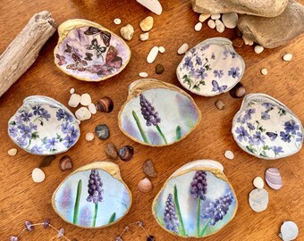 Handcrafted Decoupage Clam Shell: Purple Flowers & Butterfly Trinket Dish