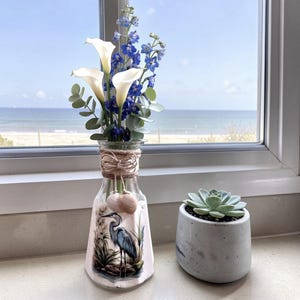 Upcycled Vintage Good Seasons Glass Cruet, Blue Heron Decoupage, Double Spout Salad Dressing Bottle, Coastal Farmhouse Decor, Unique Vase