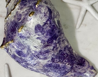 Könnte beinhalten: Eine große, violette Muschel mit goldenen Akzenten. Die Muschel hat ein marmoriertes Muster und eine glatte, glänzende Oberfläche.