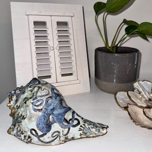 Decoupage Whelk Shell, Octopus Seashell Art, Coastal Decor