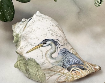 Decoupage Whelk Shell: Blue Heron Coastal Decor