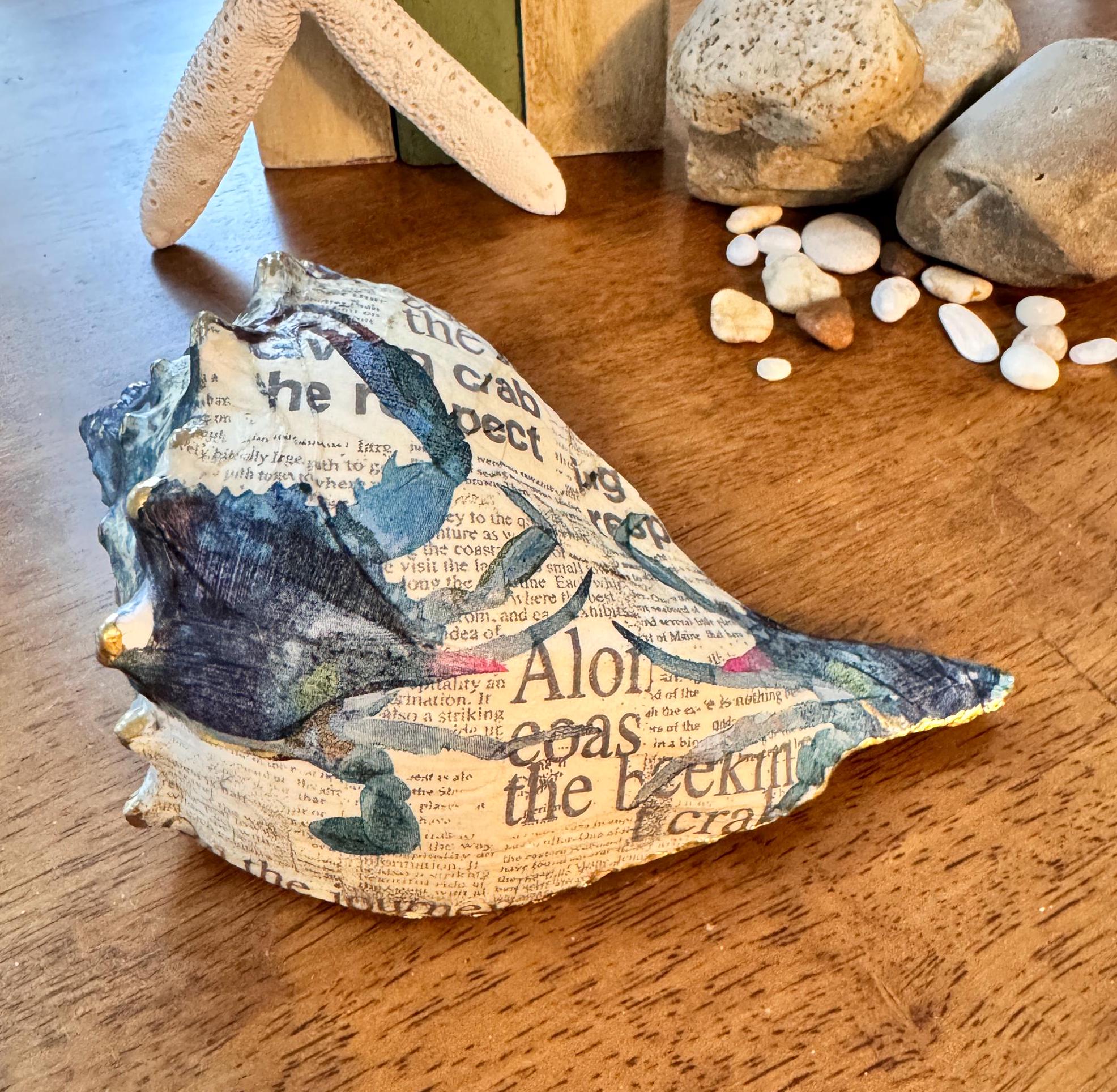 Decoupage Whelk Shell: Maryland Blue Crab, Coastal Ocean Art