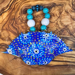 Hand-Painted Maryland Blue Crab Shell Decor with Beads | Unique Coastal Wall Hanging | Beachy Nautical Art | Perfect Gift for Crab Lovers