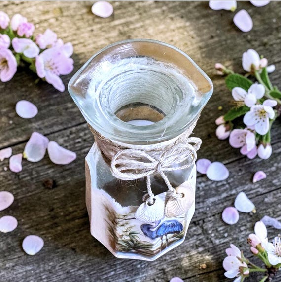 blue heron salad dressing Upcycled Vintage Good Seasons Glass Cruet, Decoupage, Double Spout Bottle, Coastal Farmhouse Decor, Unique Vase Kraft