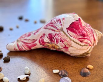 Decoupage Whelk Shell: Pink Floral Coastal Decor