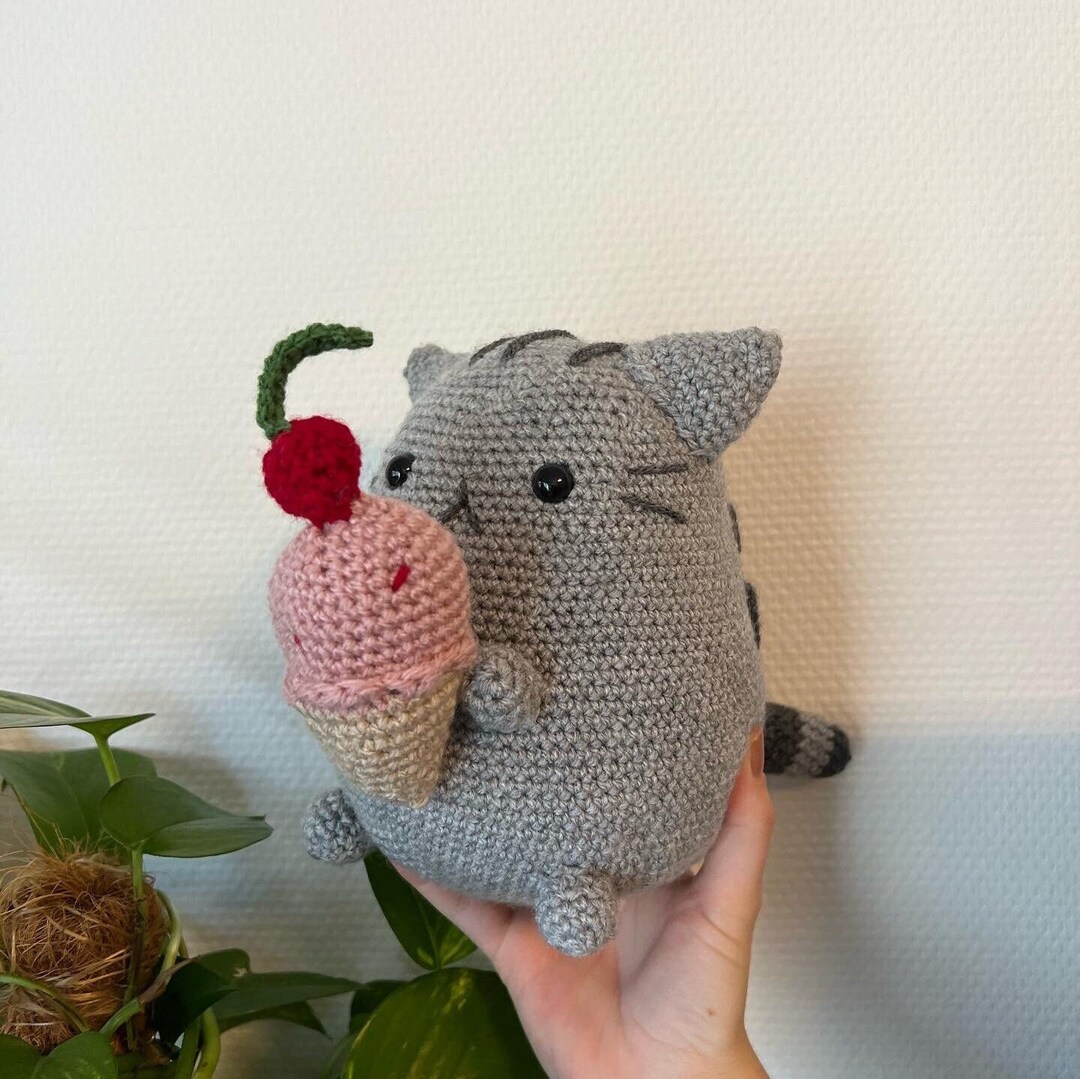 Handmade Cat Pusheen With Pink Ice Cream Cherry Sprinkles Grey Kitty ...