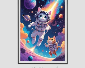 May include: Two cats in space, one wearing an astronaut suit and floating in front of a colourful nebula, the other cat is wearing a brown and orange suit and standing on a planet.