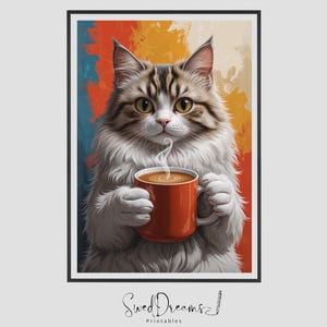 Cozy Coffee Cat Printable Wall Art - Digital Download | Cute Fluffy Cat with Coffee Mug | Warm Aesthetic Cat Print for Cat Lovers