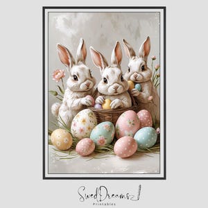 Art mural imprimable lapin de Pâques - aquarelle lapins mignons et oeufs peints impression numérique - décoration printanière pastel - chambre de bébé, art de la chambre d&#39;enfants