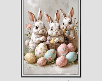 Watercolor Easter Bunny Print – Pastel Eggs, Spring Decor (Digital Download)
