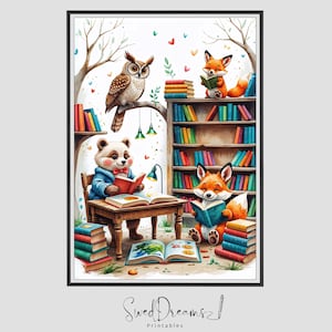 Arte murale stampabile con animali del bosco stravaganti / Volpe, gufo e orso che leggono carini / Arte murale per la cameretta dei bambini, decorazione per la cameretta dei bambini, download digitale