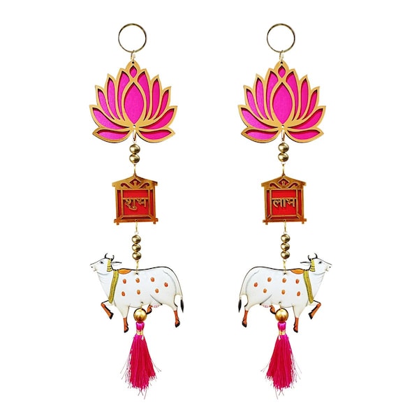 1 Lotus Cow Hanging 1 Pair Diwali Decoration Items for Home Décor MDF Floral Lotus Wall Hangings for Home Decoration   Mandir Pooja Room