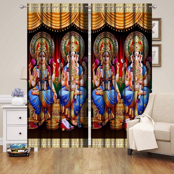 God Laxmi Ganesha 3D Print Polyester 4 x 5 ft Window Curtain for The Mandir Pooja Ghar/Living Room/Prayer Room (Multicolour) (Single Piece)