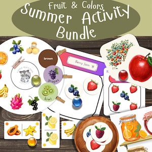 Ensemble d'activités préscolaires d'été Fruits et couleurs | Jeux à imprimer pour les tout-petits | Motricité fine et appariement | Téléchargement PDF