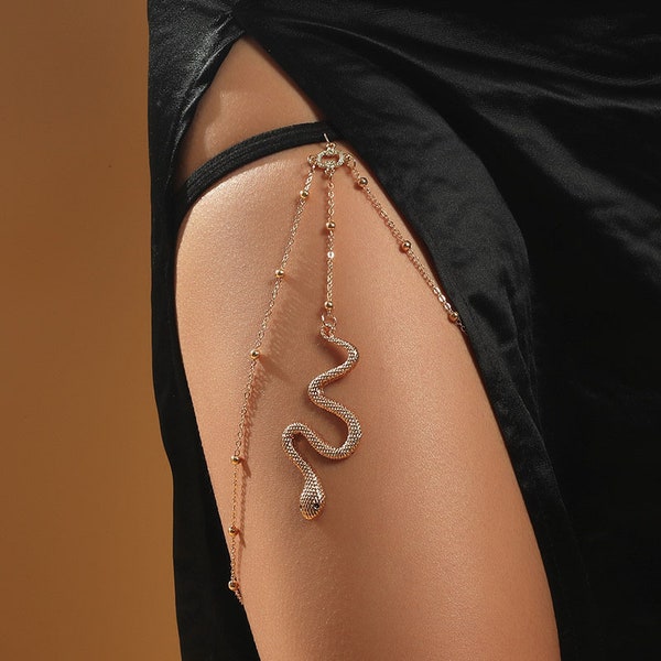 Bohemian Gold Metal Beaded Thigh Chain with Snake Pendants for Women - Body Jewelry Beach Style Gift"