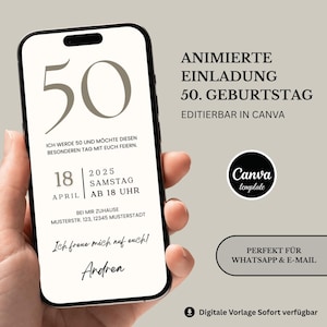 Invitación digital para 50 cumpleaños: plantilla minimalista animada de Canva | MP4 y PNG | Tarjeta electrónica para WhatsApp | Descarga instantánea
