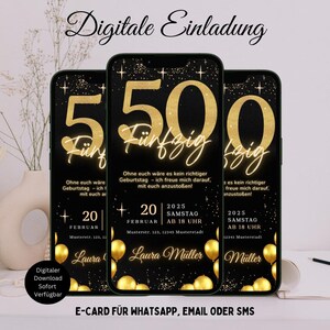 Biglietto di auguri digitale animato per il tuo 50° compleanno | Invito oro neon | Invito di compleanno personalizzato per WhatsApp