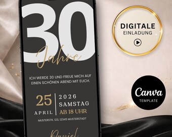 Invitación para el 30 cumpleaños de un hombre, estilo oscuro y moderno | Plantilla digital de Canva | Invitación en vídeo