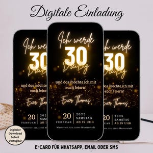 Digitale Einladung 30. Geburtstag | Animiertes Neon-Gold Design | Editierbare Canva-Vorlage | Sofort-Download MP4/PNG für WhatsApp & E-Mail