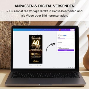 Puede incluir: Un port&aacute;til muestra una invitaci&oacute;n digital para una celebraci&oacute;n de 40 cumplea&ntilde;os. La invitaci&oacute;n presenta texto dorado sobre un fondo negro, con la fecha y hora del evento. La pantalla tambi&eacute;n muestra opciones de descarga.
