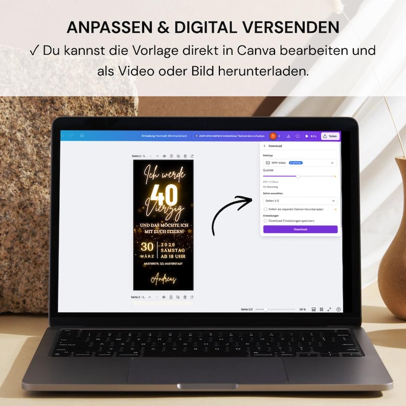 Puede incluir: Un port&aacute;til muestra una invitaci&oacute;n digital para una celebraci&oacute;n de 40 cumplea&ntilde;os. La invitaci&oacute;n presenta texto dorado sobre un fondo negro, con la fecha y hora del evento. La pantalla tambi&eacute;n muestra opciones de descarga.