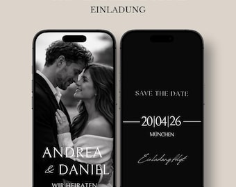 Invitación animada para guardar la fecha con foto | Diseño en blanco y negro | Invitación digital para WhatsApp | Plantilla de Canva