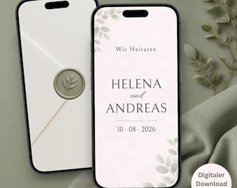 Digital wedding invitation in sage green | Animated invitation for WhatsApp | Canva template